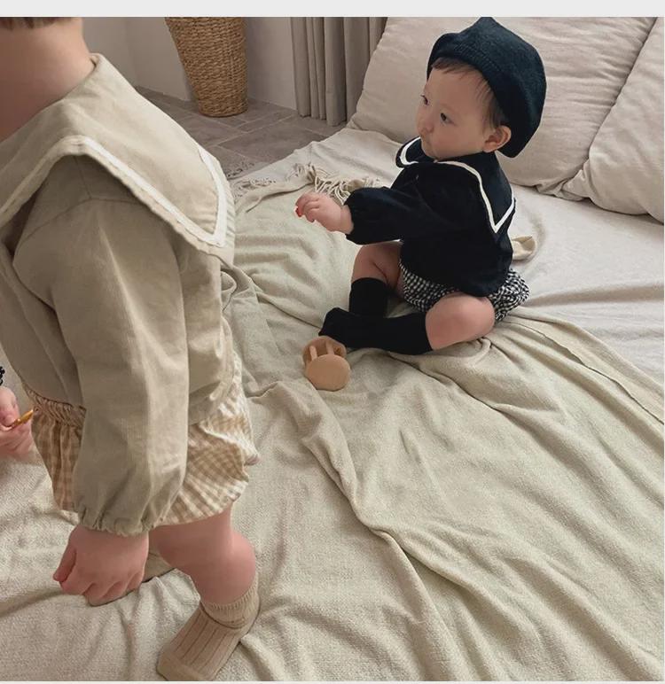 2024 Autumn Korean Navy Plaid Top & Shorts Set for Boys and Girls