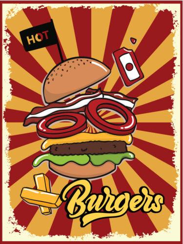 Metal plaque vintage retro style Hot Burgers Classic tin door sign FoodAluminum 20x30cm(7.8x11.8inch)
