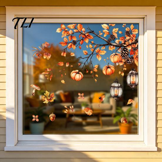Wasserdichte PVC-Aufkleber für Glastüren Herbst Statischer Fensteraufkleber mit niedlichen Tieren & Ahornblättern, Abnehmbare Ernte-Clings Festival-Clings,