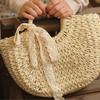 Women Cute Ribbon Straw Bags Summer Handmade Half Moon Beach Wild Totes Handbags