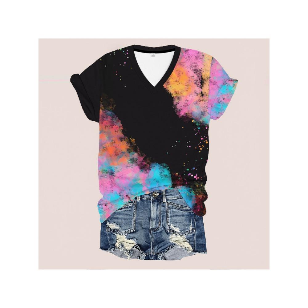 Tie-dye geometric print T-shirt, women's V-neck short-sleeve top, summer comfortable breathable pullover
