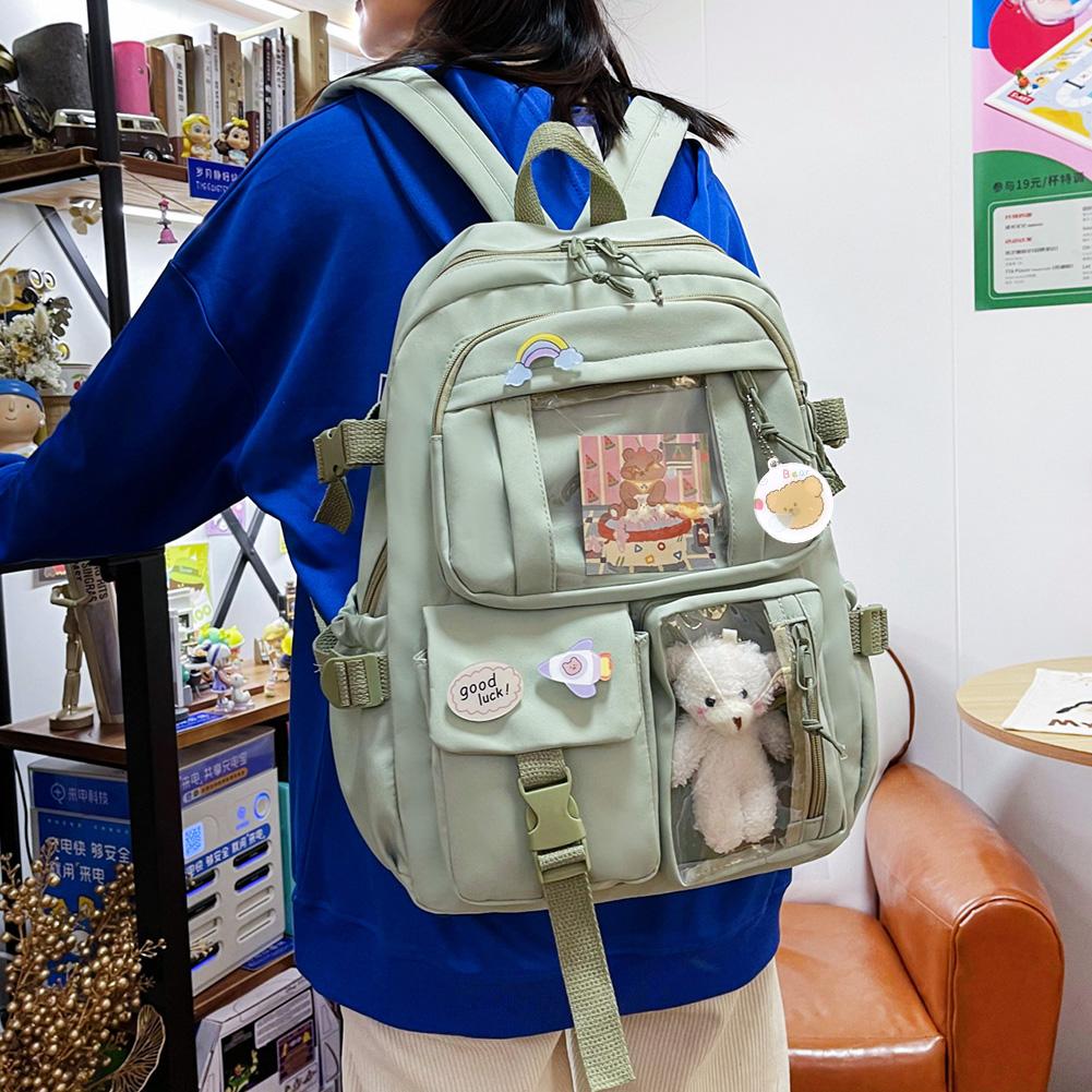 Student Schoolbag Fashion College Student Rucksack Nylon with Plush Pendant Pin Cute Large Capacity Japanese Style for Vacations