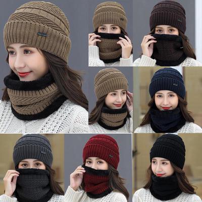 2pcs Women Earmuffs Winter Thermal Knit Plus Velvet Hat and Scarf Sets Female Wearing Accessories