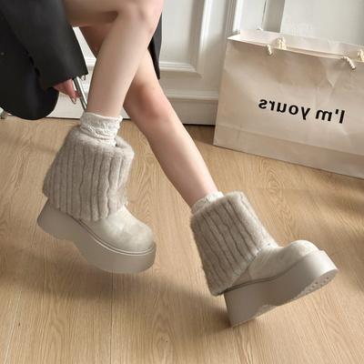 Khaki Retro Velvet Thick-soled Snow Boots Women's New Winter Wear Heightening Warm Fluffy Cotton Shoes
