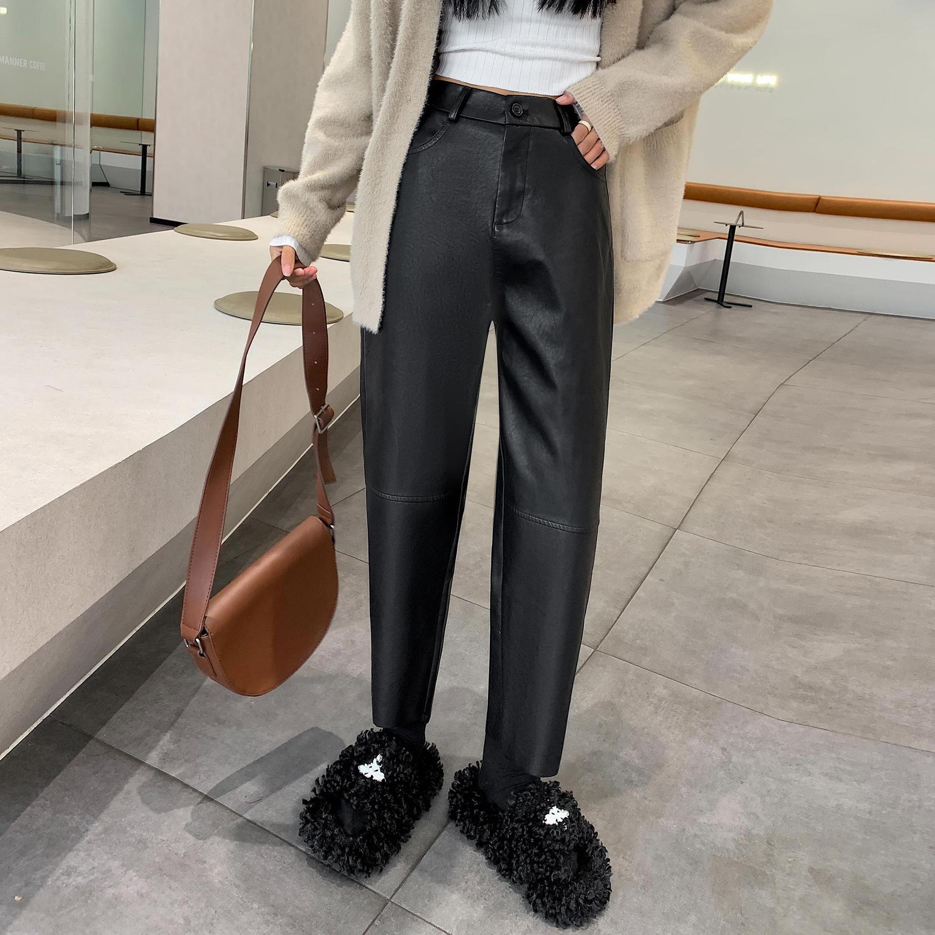 

Черные брюки из искусственной кожи для женщин на осень и зиму, новые брюки с высокой талией и девятью точками, повседневные брюки, узкие и универсальные прямые брюки 3XL