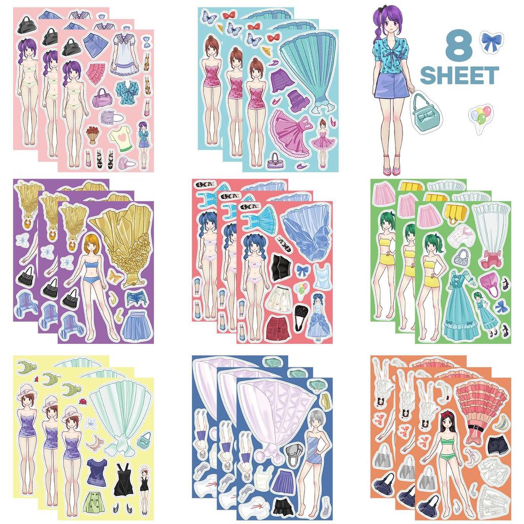 8Sheets Princess Costume Assembly Puzzle Stickers Cartoon Series DIY Decals for Phone Laptop Luggage Skateboard Fun Gift