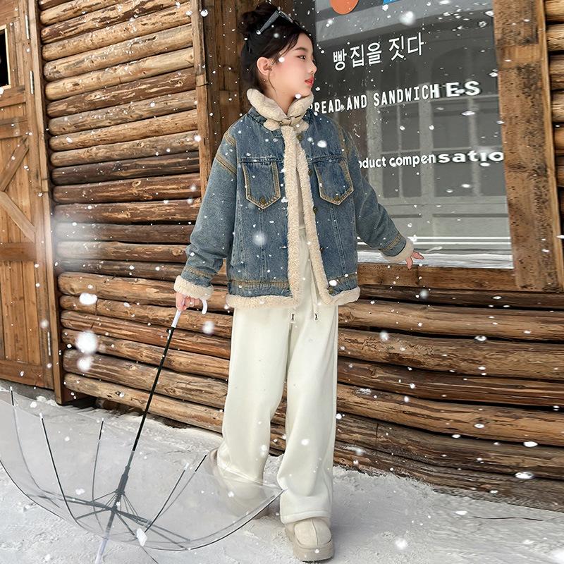 Girls' Trendy Fleece-Lined Denim Jacket 2025 - Warm Winter Cardigan