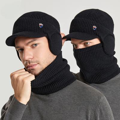 Boné de lã masculino inverno quente proteção auricular chapéu cachecol conjunto forrado de lã chapéu de malha slipover