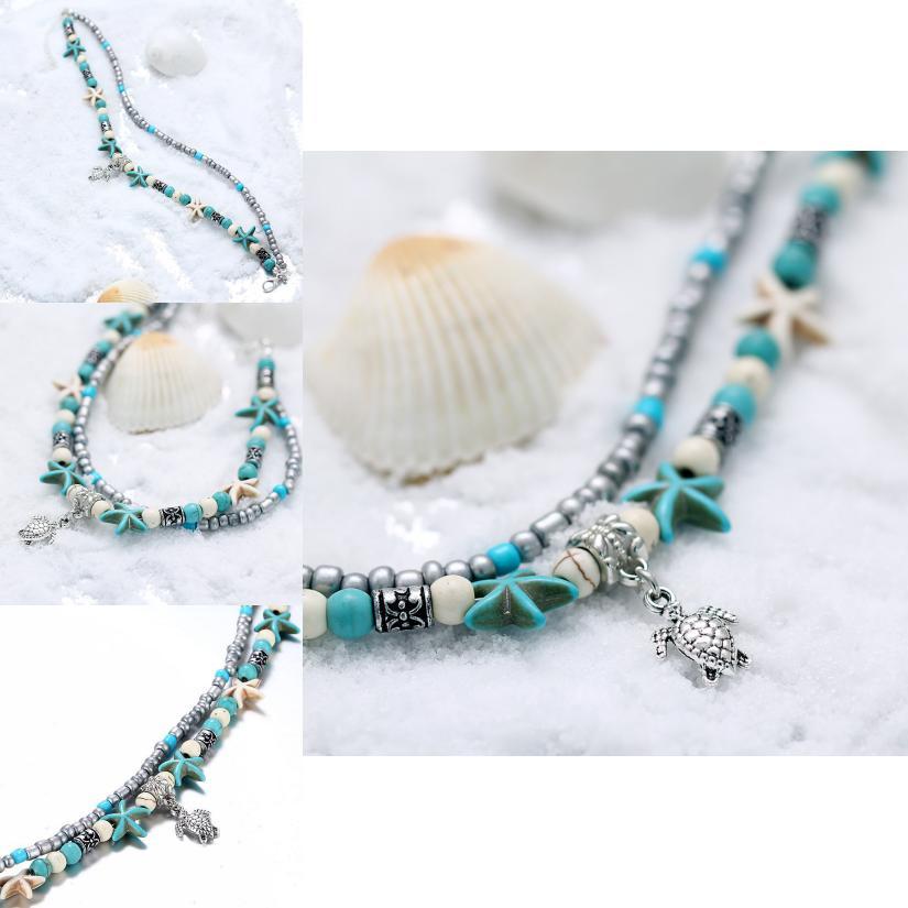 Vintage Blue Starfish Shell Anklet Beach Turtle Anklet Vacation Rice Bead Anklet