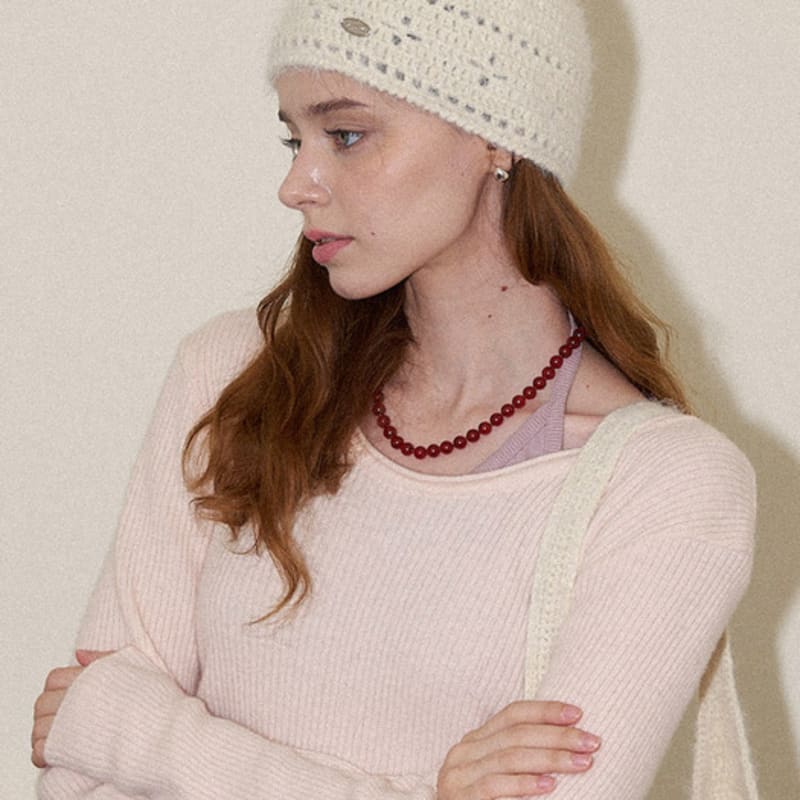 Slowslowly Lily Fur Handmade Crochet Short Beanie _ Cream