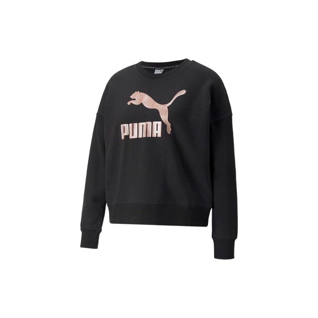 Puma Large Logo Print Crew Neck Sweatshirt Women Tops Black 535276-01