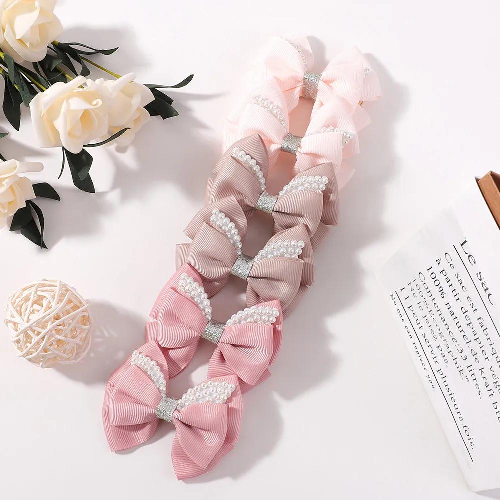 2PCS Sweet Pearl Bow Hairpin Solid Ribbon Double Bowknot Hair Clip Korean Lovely Hairpins for Kids Girls Headwear Accessories