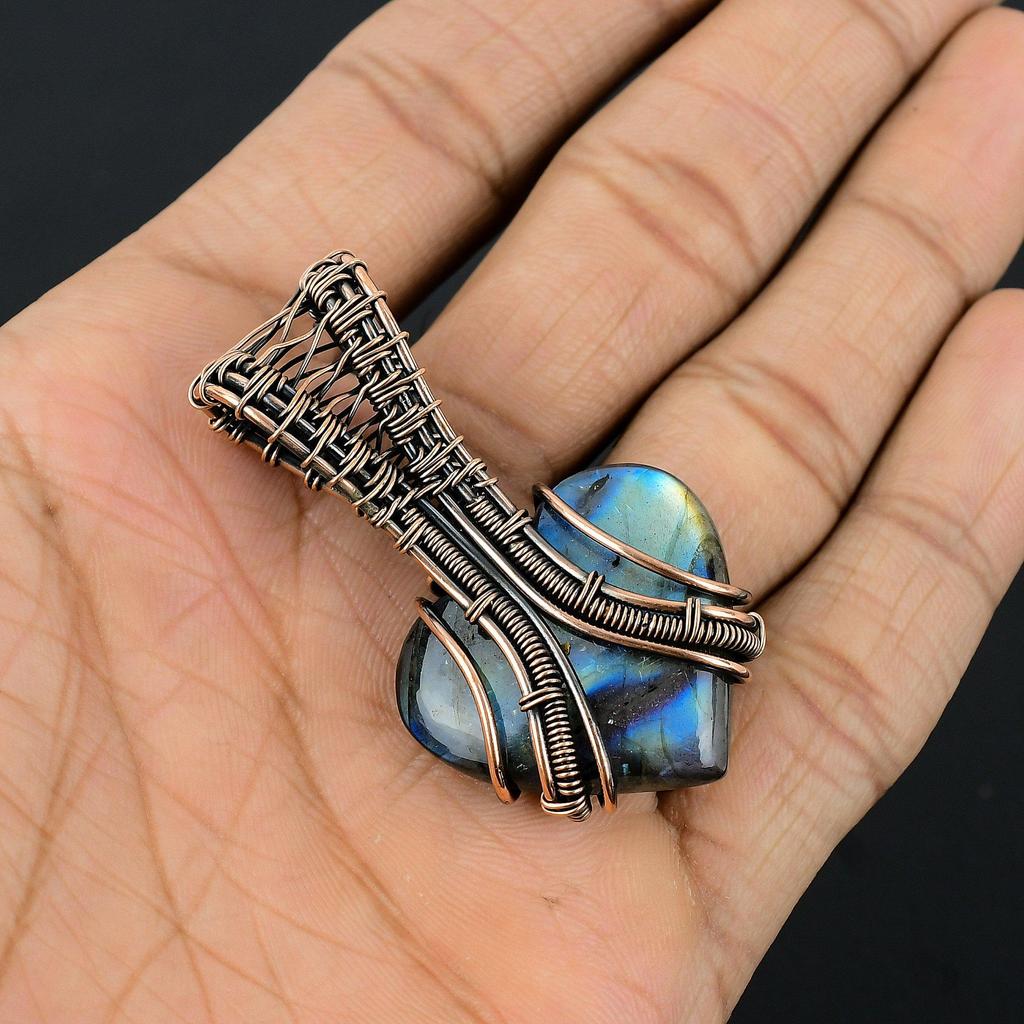 Labradorite Pendant, Handmade Gemstone 999 Copper Wire Wrapped Pendant Antique Jewelry, For Gift Silver Jewelry