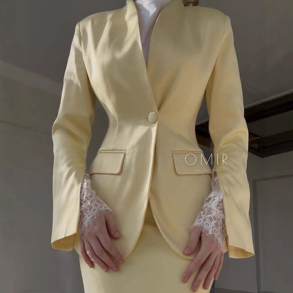 European-Size Women's Satin Suit Set: Long Sleeve, Waist-Hugging with Hip-Wrapping Skirt