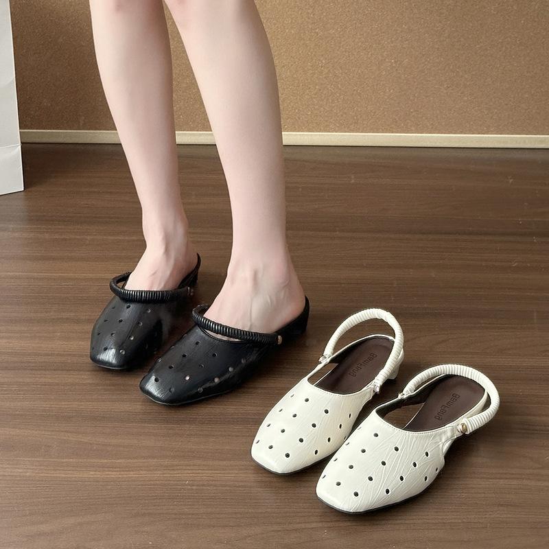 2025 summer new square head one-word buckle belt comfortable shallow mouth single shoes women's shoes hollow Mary Jane shoes low heel sandals