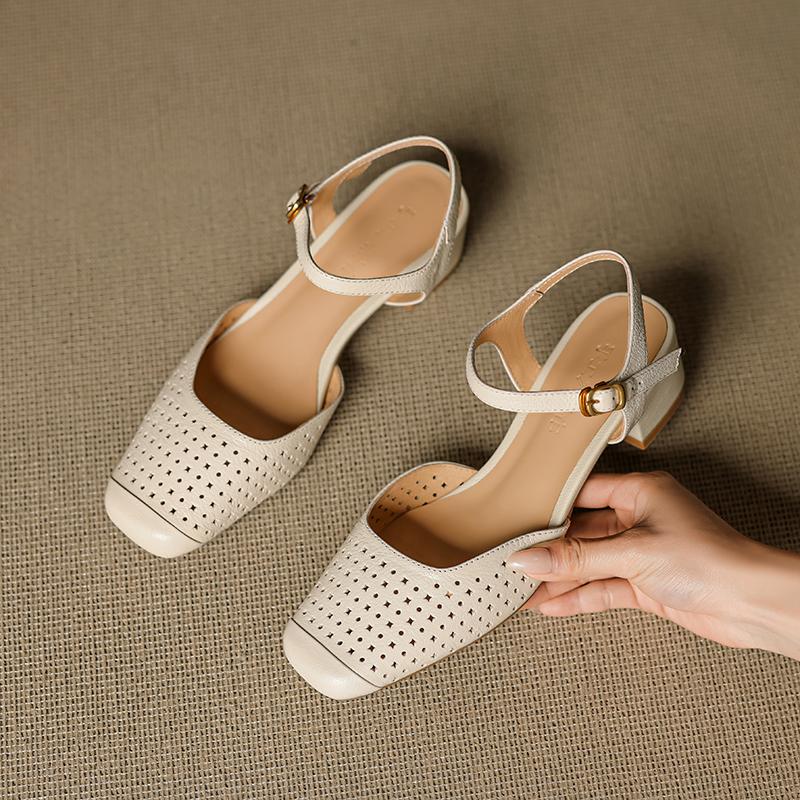 Fashion 2025 New Basic Mid Heels Women Sandals Square Toe Buckle Strap Slingback Pumps Mature Genuine Leather Hollow Out Shoes Woman
