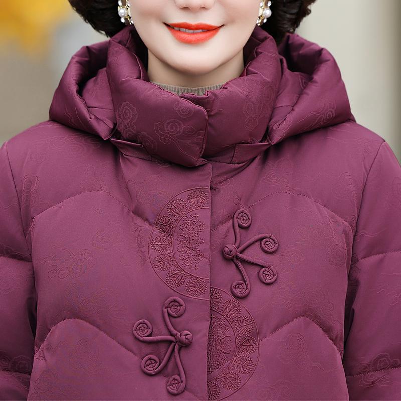 Kobiety w średnim wieku Zimowe Krótkie Kurtki Puchowe Vintage Parki z Haftem z Kapturem Eleganckie Grube Ciepłe Rozmiar Plus Płaszcze Puchowe Damska Odzież Wierzchnia