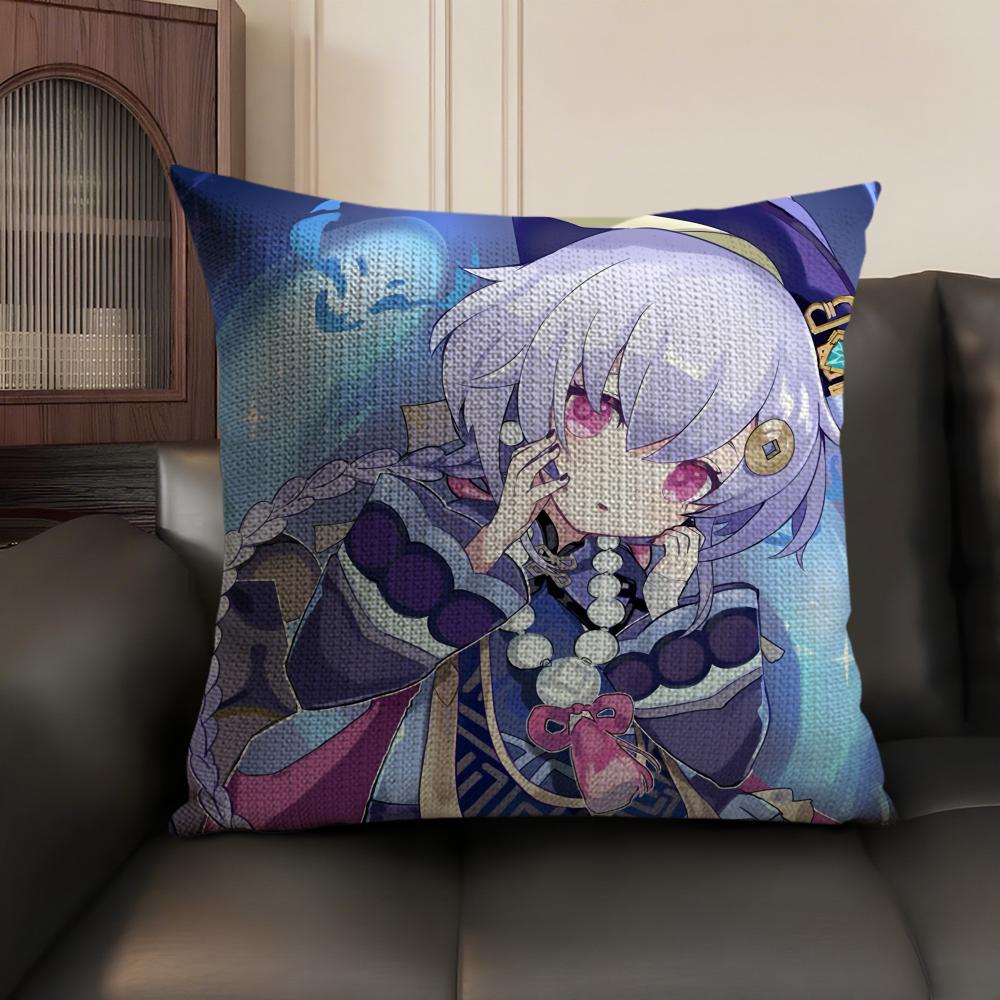 Qiqi Genshin Impact Cute Cushion Cover Natural Linen Organic Fabric DoubleSided Printing Sofa Home Decor Gift Pillow Case