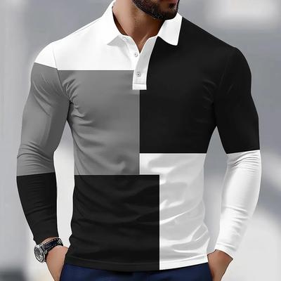 Men's Plaid Splicing Long Sleeve Polo Shirt Lapel Sports Leisure Outdoor Office Daily Wear Button Spring Autumn