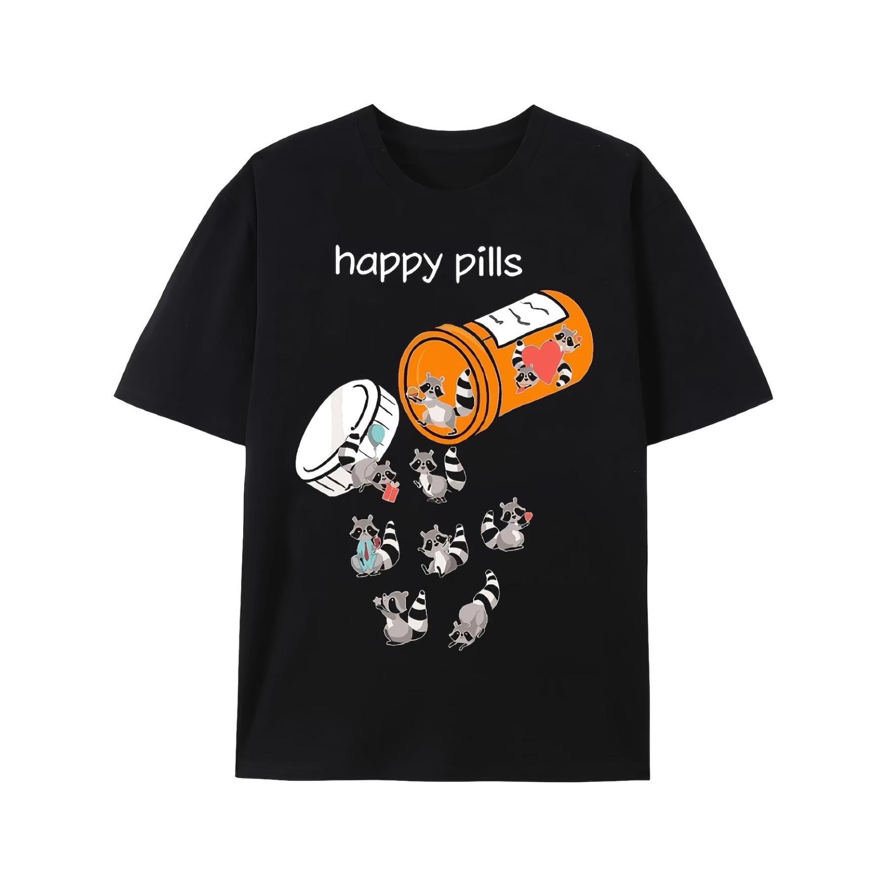 

Happy Pill Raccoon Cartoon Pattern T-Shirt - Men S Soft Short-Sleeve T-Shirt in Black Featuring A Playful Orange Pill Bottle Design XXL чорний