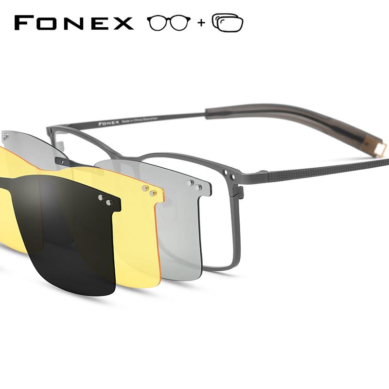 FONEX Titanium Prescription Glasses Custom Myopia Optical Eyewear Men Square Magnet Eyeglasses 3D Night Vision Polarized 85760