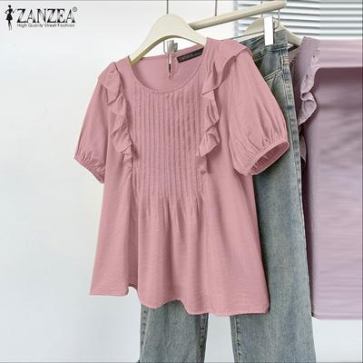 Women Casual Short Sleeve O-neck Ruffled Pleating Elegant Blouse