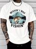 Vintage Mountain Lake Bass Fishing Letter Graphic Unisexs Cotton Crew Neck Tee Short Sleeve Loose Casual Daily Street Male Wear Top