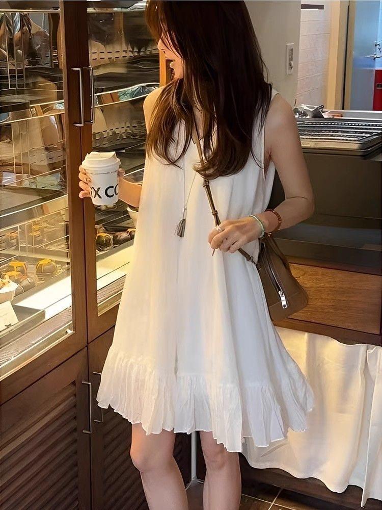 Elegant White Sleeveless Dress With Ruffle Collar For Summer Casual Wear