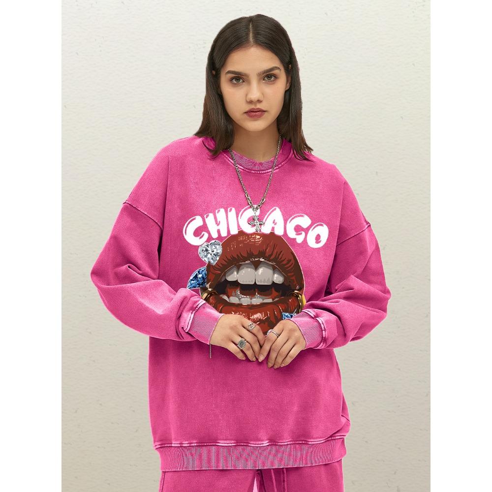 Chicago Creative Diamond Red Lips Print Woman Washed Sweatshirt Autumn Loose Pullovers Sportswear Cotton Crewneck Clothes