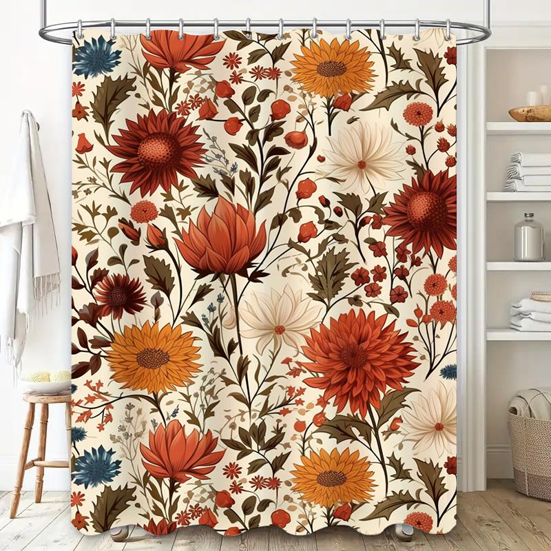Vibrant Floral Shower Curtain Luxurious Bath Decor In Red, Orange Blue Waterproof Fabric For Bathroom Curtains Unisex Home Decor