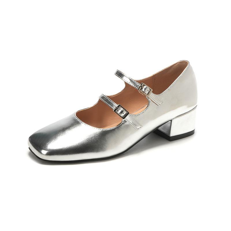Sheepskin Version~ Silver One-word Buckle Light Mouth Square Head Genuine Leather Mary Jane Women's Shoes Thick Heel Single Shoes