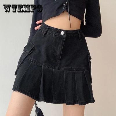 Džínové minisukně Goth Džínové plisované sukně s velkými kapsami Ženy Dívka Léto Punk Y2K Černá Faldas Korejská móda s vysokým pasem