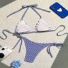 Women's Blue Stripe Print Two Piece Swimsuit Sexy Mini Triangle Cup Bra Halter Backless Bikini Set 2025 Summer Beach Swimwear