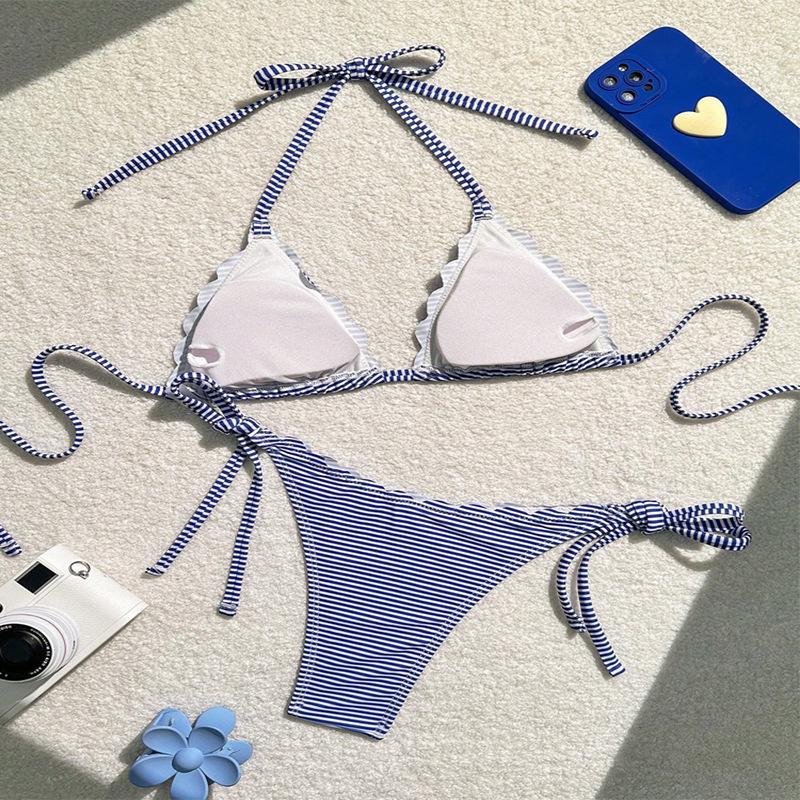 Women's Blue Stripe Print Two Piece Swimsuit Sexy Mini Triangle Cup Bra Halter Backless Bikini Set 2025 Summer Beach Swimwear