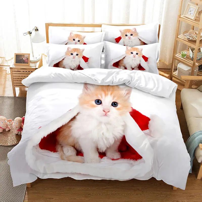 Cat Duvet Cover Set Cute Kitty Theme Bedding Set for Kids Girls 2/3pcs Single Double Queen King Size Comforter Cover Bedclothes