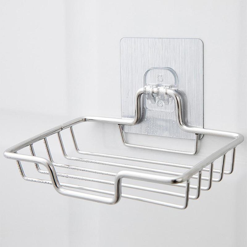 

Soap Rack Wall Mounted Holder Stainless Steel Sponge Dish Bathroom Accessories Dishes Self Adhesive Light Grey