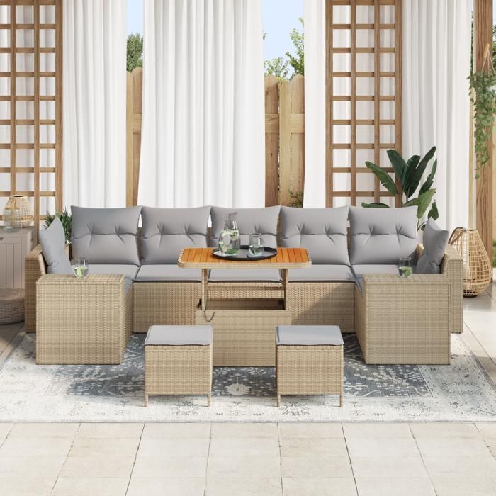 VidaXL Ensemble de Canapés de Jardin 10 Pièces avec Coussins Beige Rotin Poly Acacia 3361992