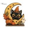 Vintage Fall Holiday Party Supplies Halloween Retro Pumpkin Witch Cat Ghost Figurines with Crescent Base, Spooky Rustic Tiered Tray Decor Wooden