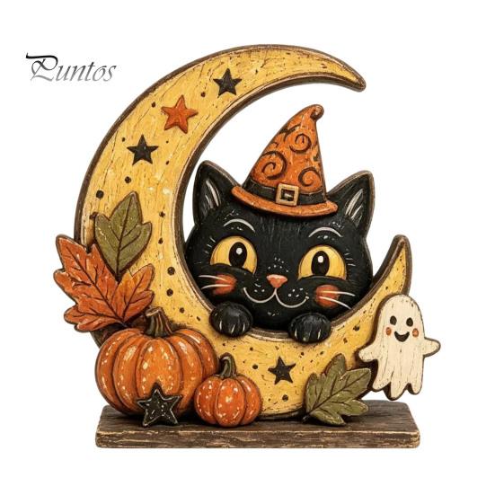 Vintage Fall Holiday Party Supplies Halloween Retro Pumpkin Witch Cat Ghost Figurines with Crescent Base, Spooky Rustic Tiered Tray Decor Wooden