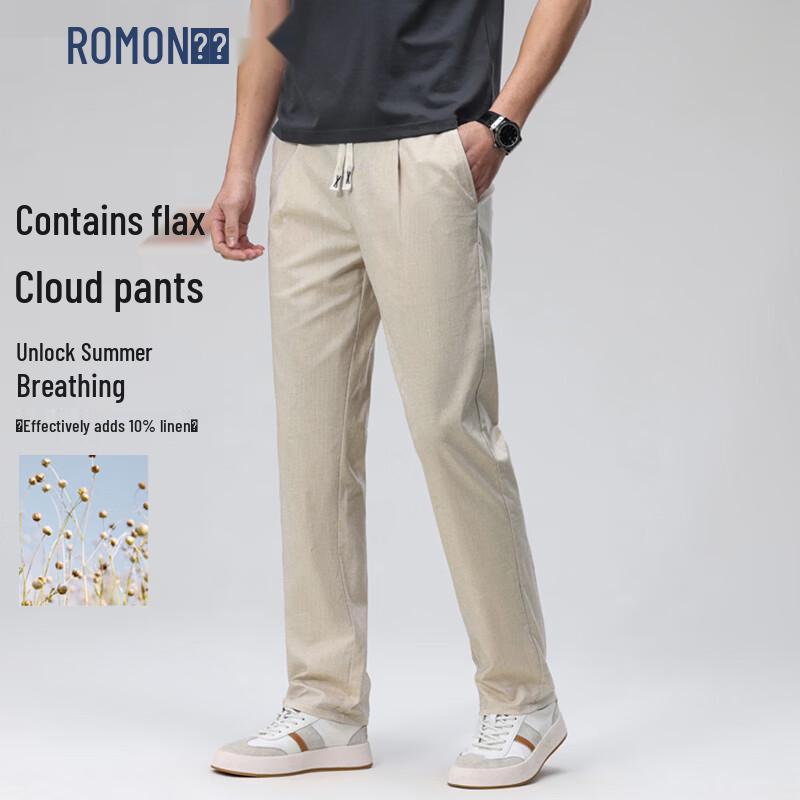 ROMON Men s Summer Linen Blend Straight Casual Pants 3XL