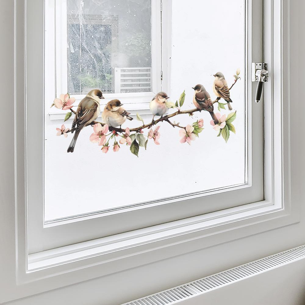 Colorful Flower Branches Bird Glass Windows Home Beautification Decoration Electrostatic Window Stickers Self-adhesive Removable