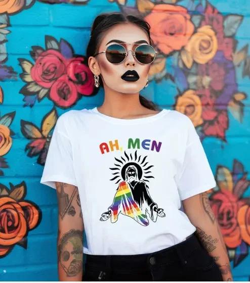 Ah Men Rainbow  Shirt Gay Jesus LGBT Christian Pride Tee