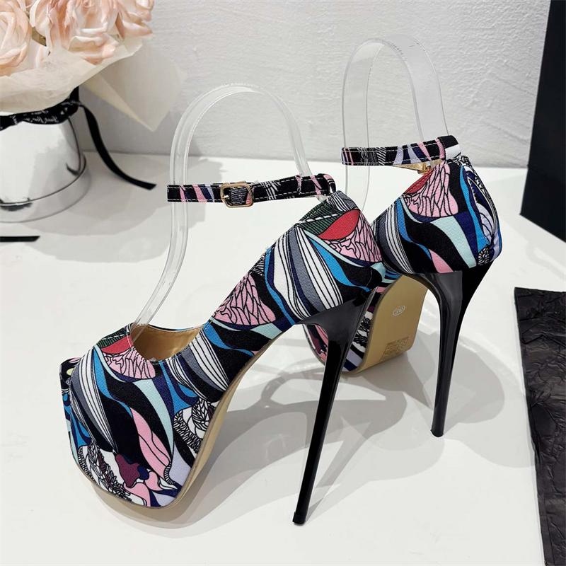 Eilyken Sexy Print Peep Toe Thin High Heels Women Pumps Pole Dancing Ankle Buckle Sandals Shoes