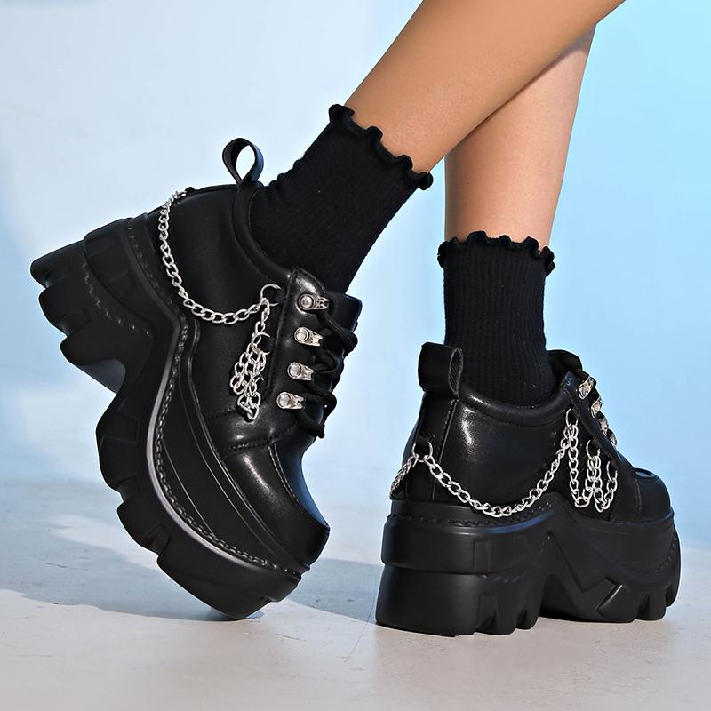 Fashion Gothic Punk Chunky Sneakers for Women Black Chain Decor Platform Sports Shoes Woman Thick Sole Non Slip Punk Sneakers Plus Size