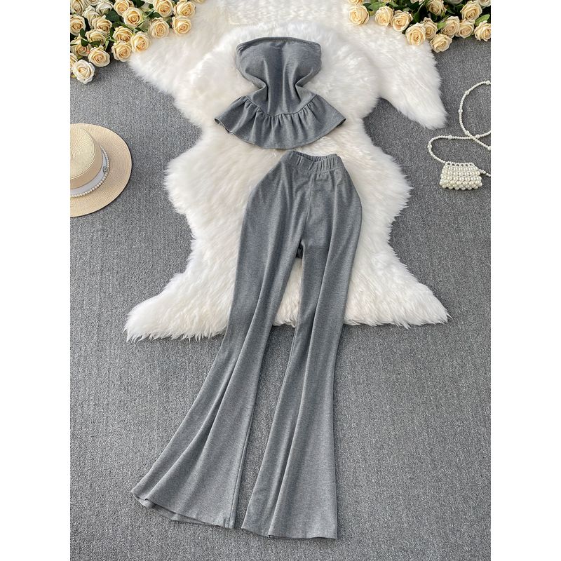 Western Style Shoulder Strap Chest Pad Tube Top Vest Women Niche Frill Top + Slimming Trumpet pants Two-piece Set