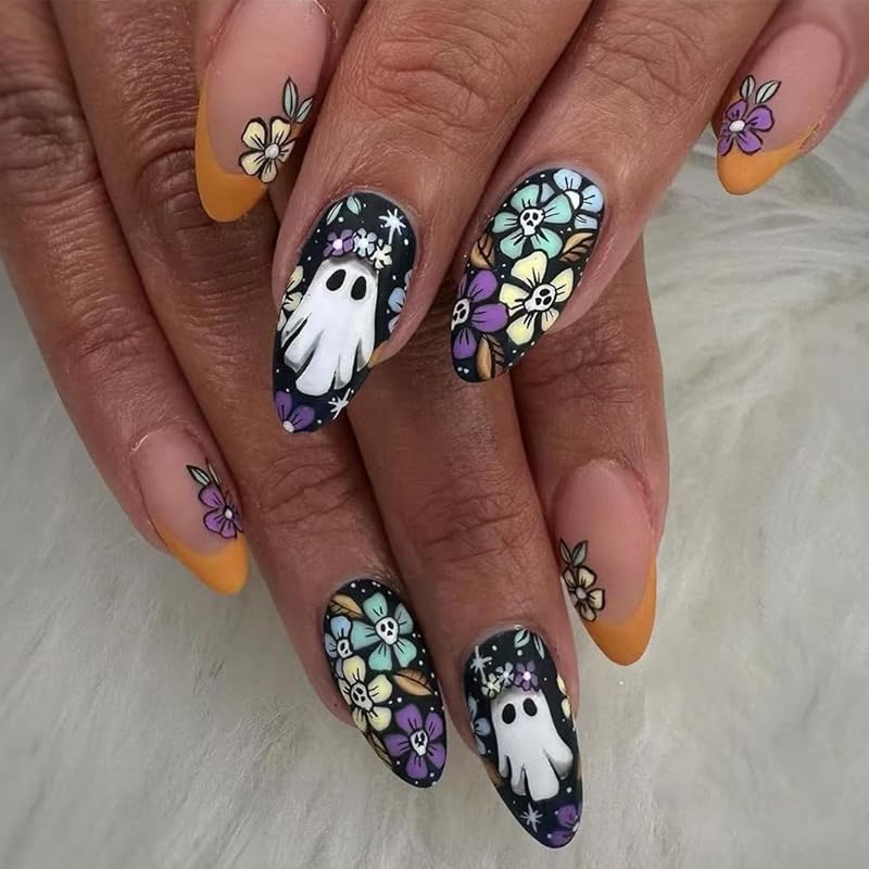 Halloween Flower Press on Nails Medium Coffin Shaped Fake Nails Colorful Floral Stick on Nail Skeleton Designs Acrylic False Nails Full Cover Gloss A19