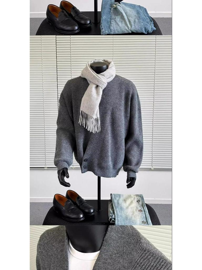 2025 Autumn/Winter Retro Casual V-Neck Men's Cardigan Sweater - Solid Color Knit Outerwear