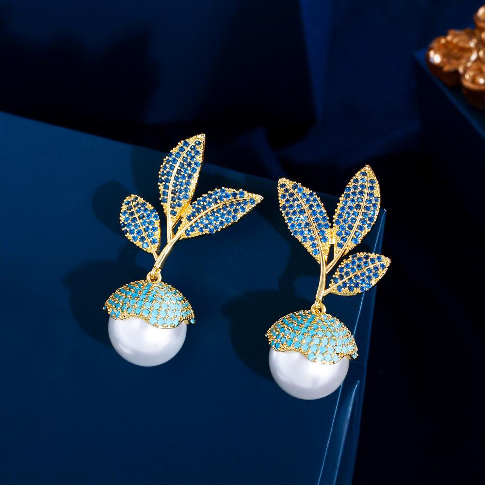 Vintage Medieval Light Luxury Leaf Turquoise Pearl Earrings Temperament Micro-Inlaid Zircon Pearl Earrings Earrings