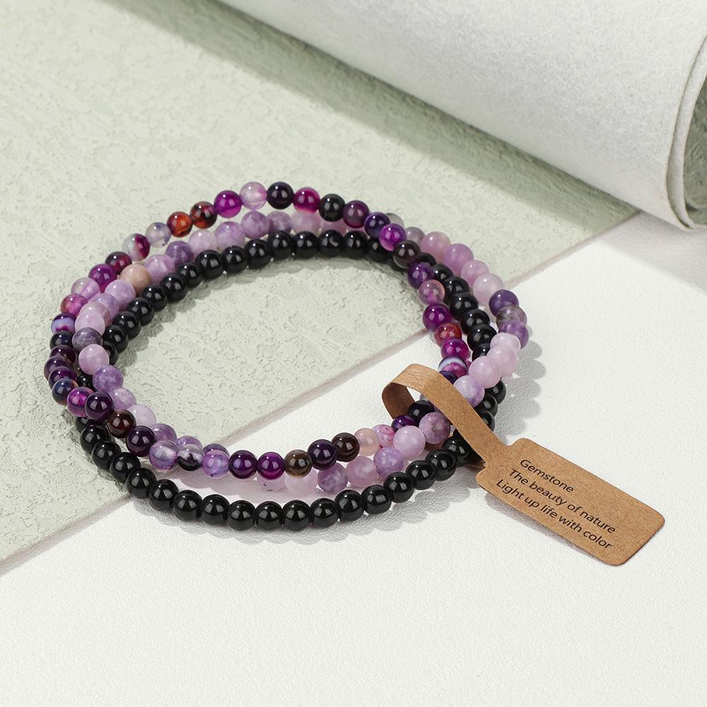 3Pcs/set Natural Green Stone Bracelet 4mm Moss Agates Black Onyx Cat Eye Beads Elastic Bracelets For Women Men Simple Jewelry