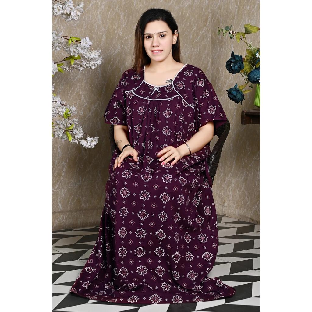 Purple Floral Printed Cotton Night Gown Indian Women Summer Night Wear Nighty